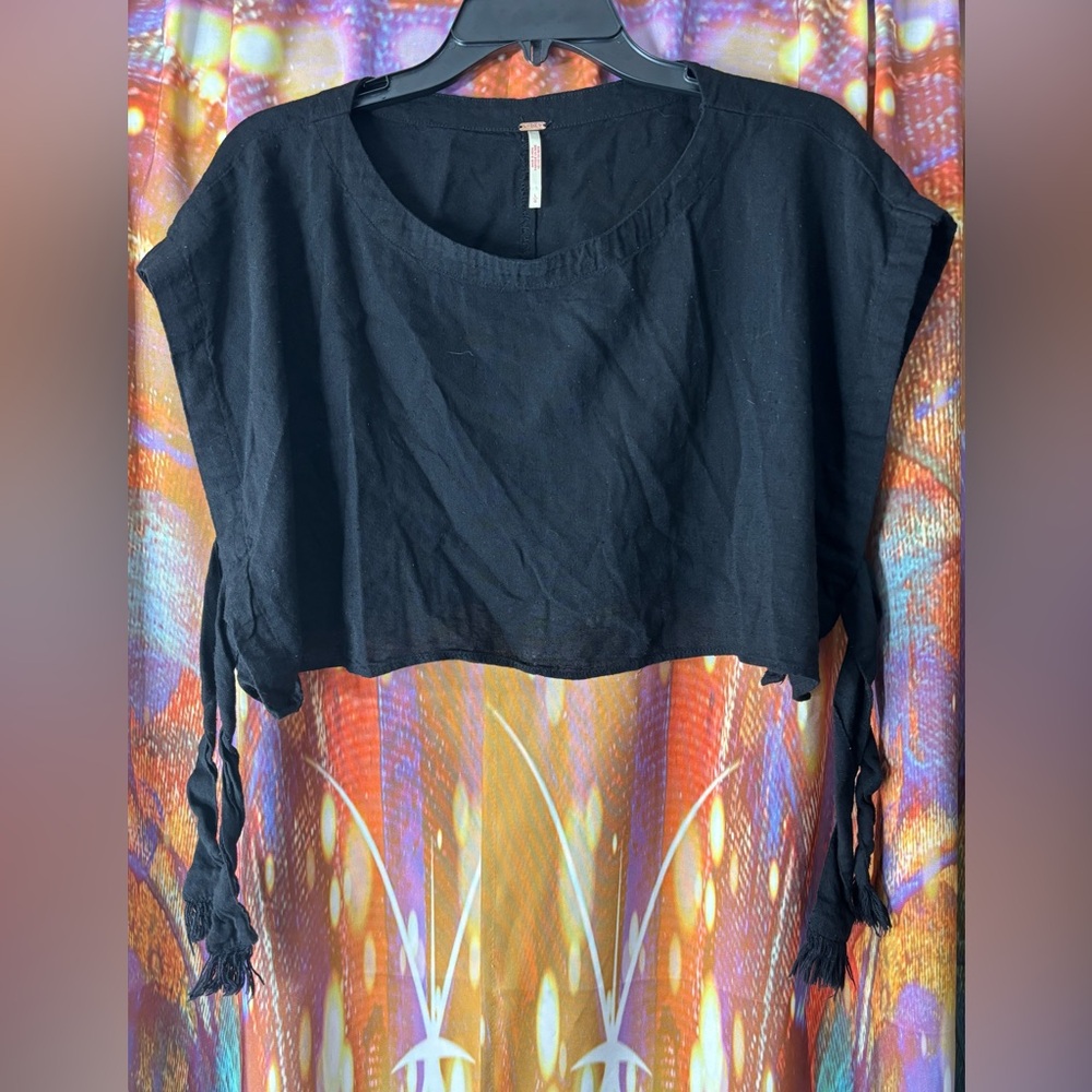 Free People Black Cropped Tie-Sleeve Top